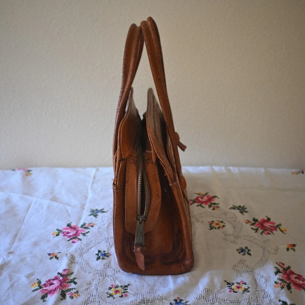 Vintage Azteca Mexican Hand Tooled Leather Top Handle Bag Brown Floral